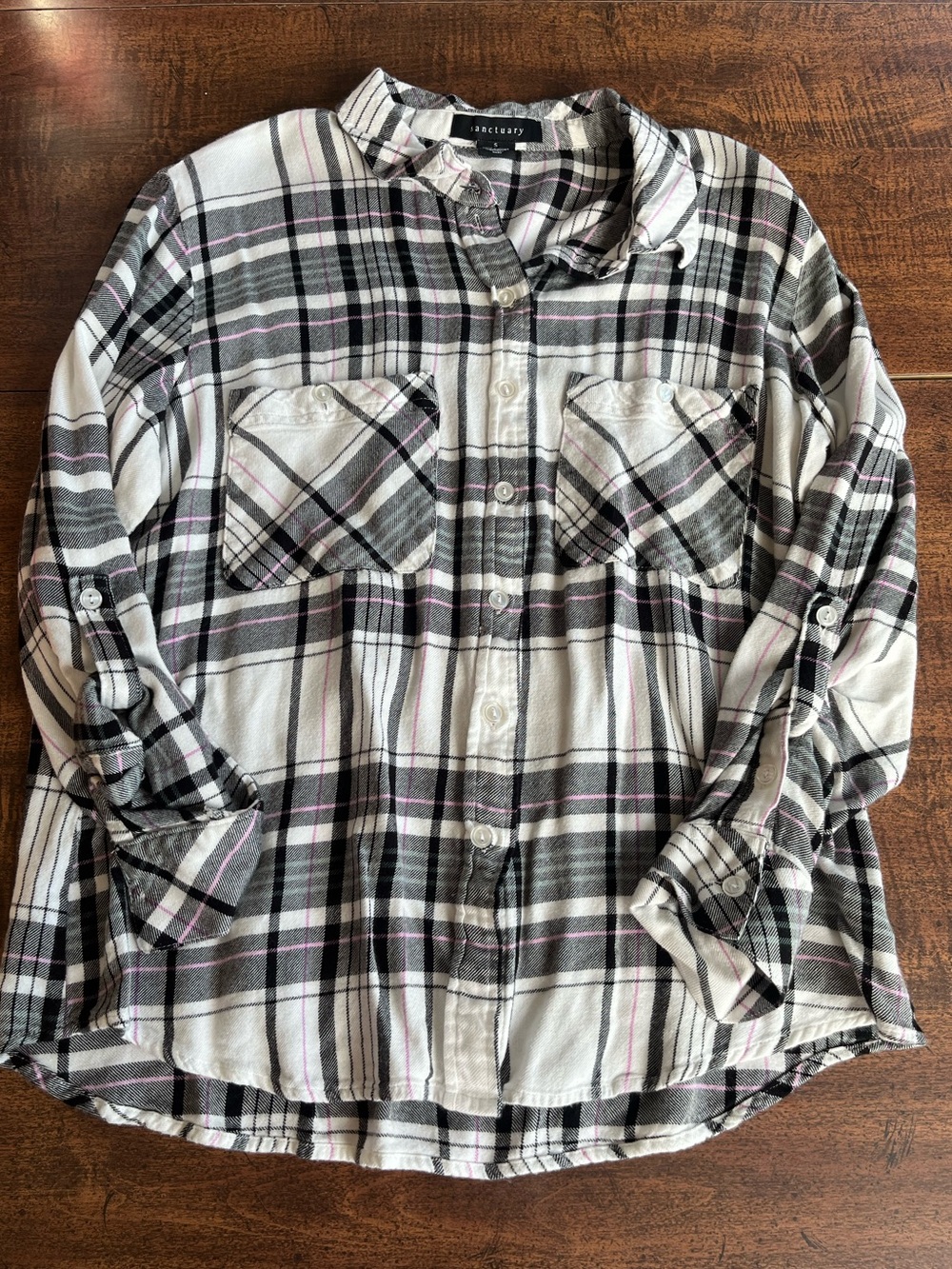 Sanctuary Womens Small Plaid Flannel Tomboy Shirt Black White Pink Soft Grunge